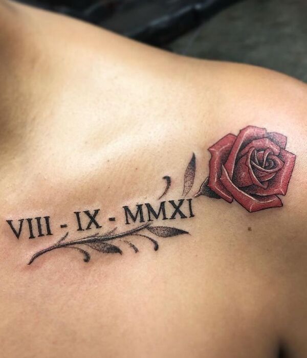 Rose Tattoo With Anniversary Date on shoulder