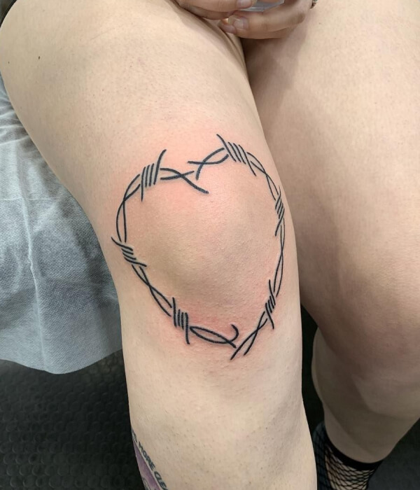 Heart-Shaped Barbed Wire Around-Knee Tattoo