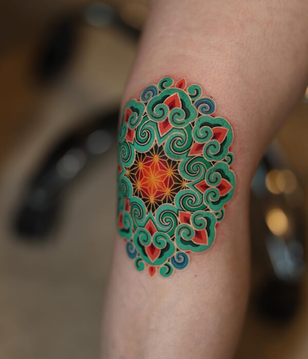 Psychedelic Full-Color Knee Tattoo