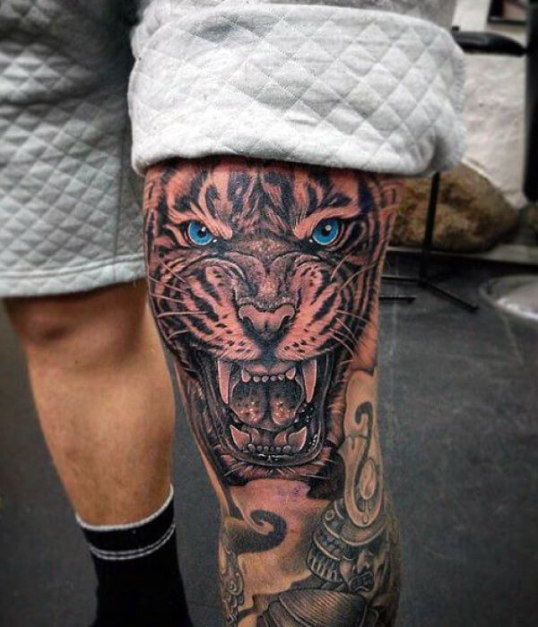 Tiger Men Knee Tattoo