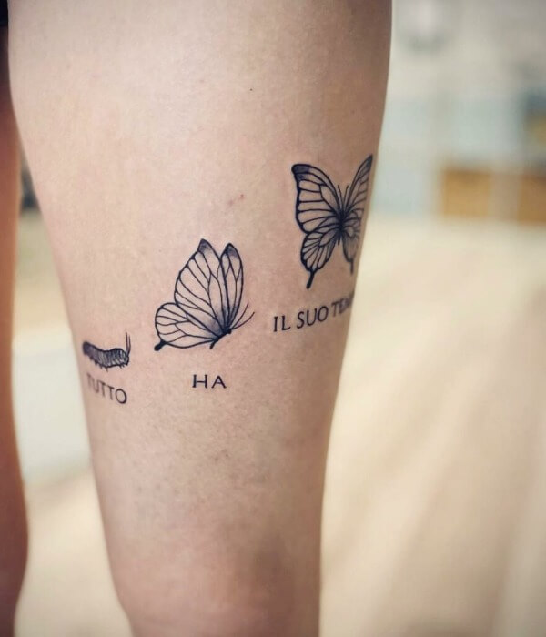 Transformation Butterfly Thigh Tattoo