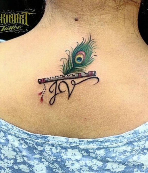 V Letter with Peacock Feather - Trending Tattoo V-Letter-with-Peacock-Feather