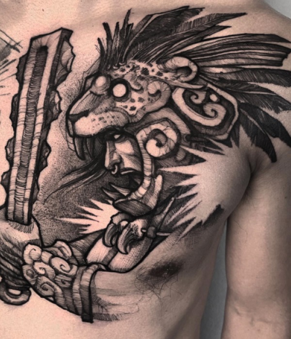 Aztec Jaguar Tattoo on Chest - Trending Tattoo Aztec-Jaguar-Tattoo-on-Chest