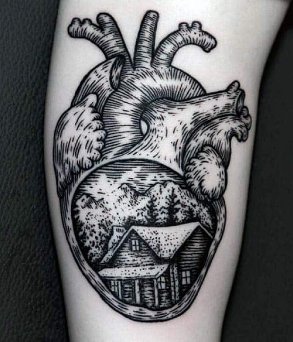 A Heart with a House Woodcut Tattoo - Trending Tattoo A-Heart-with-a-House-Woodcut-Tattoo