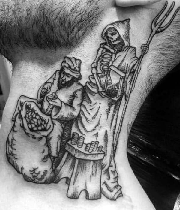 Grim Reaper Woodcut Neck Tattoo - Trending Tattoo Grim-Reaper-Woodcut-Neck-Tattoo