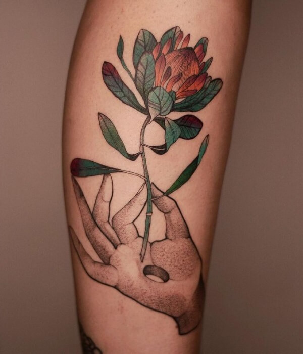Hand Holding Protea Tattoo - Trending Tattoo Hand-Holding-Protea-Tattoo
