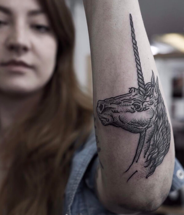 Unicorn elbow Woodcut Tattoo - Trending Tattoo Unicorn-elbow-Woodcut-Tattoo