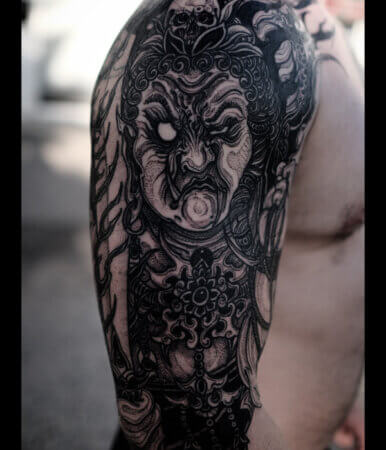 Half fudo half skull tattoo - Trending Tattoo Half fudo skull tattoo