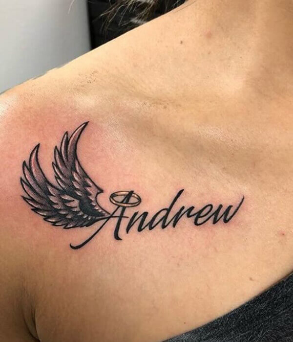 3. Angel Wings Name Tattoo