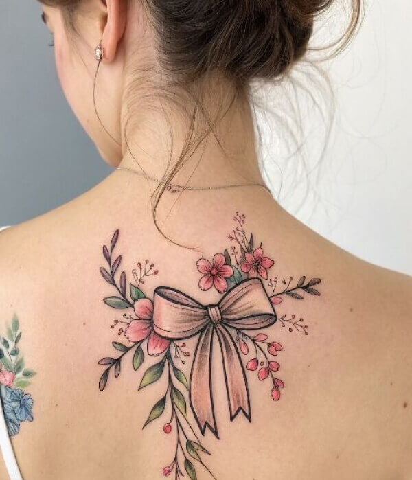 Bow Tattoo with Flowers