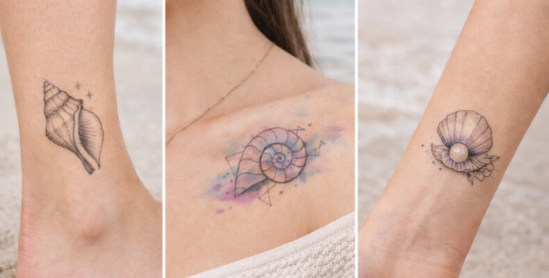 Horizontal tattoo inspiration image featuring three shell tattoos on real skin, including a conch shell on the ankle, a watercolor spiral shell on the collarbone, and a scallop shell on the forearm with a soft beach-inspired background.