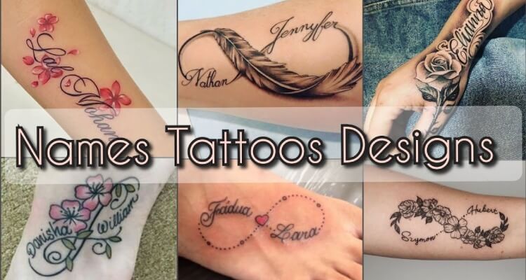 Collage of stylish name tattoo designs for women, featuring elegant cursive names, floral accents, infinity symbols, feathers, hearts, and minimalist black-ink lettering on arms and wrists.