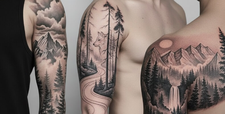 Three realistic forest landscape tattoos on men’s arms, featuring pine trees, misty woods, mountains, a waterfall, moonlight, and wildlife in detailed black and grey fine-line tattoo style on real human skin.