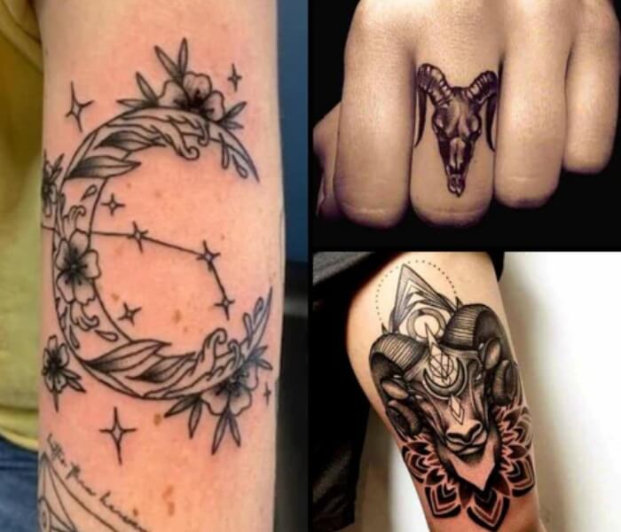 Abstract Zodiac Sign - Trending Tattoo Abstract zodiac tattoo designs featuring constellation patterns, crescent moon elements, and symbolic animal motifs in bold black ink.