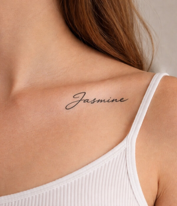 Minimalist collarbone name tattoo on a woman, featuring the name “Jasmine” in a simple, elegant black script just below the collarbone, highlighted with soft natural lighting and a neutral background.