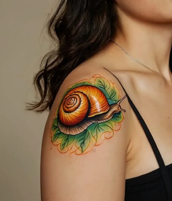 Colorful spiral shell tattoo on the shoulder featuring a detailed snail shell with leaves, showcasing a vibrant and artistic shell tattoo design.