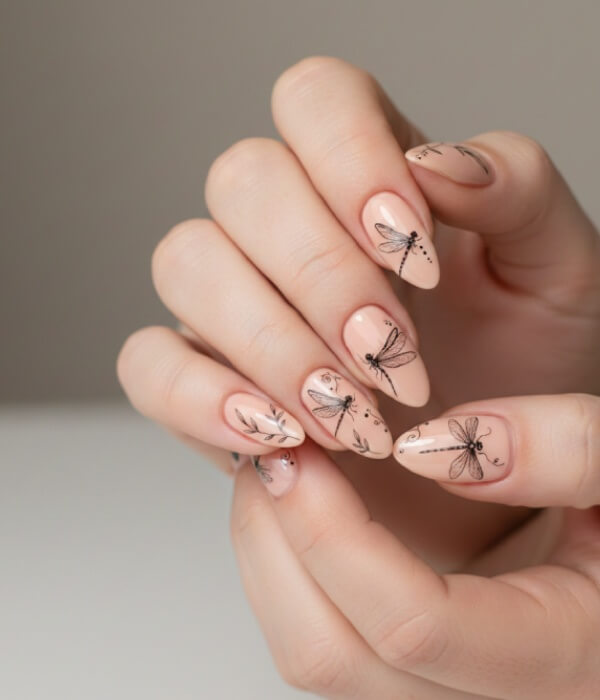 Close-up of nude nails with delicate dragonfly tattoo nail art in fine-line black ink, minimalist botanical accents, and soft neutral background.