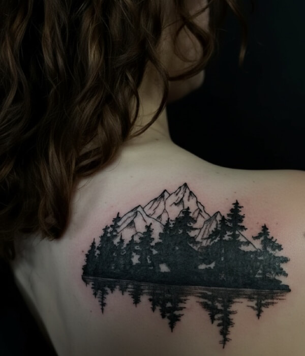 A high-quality black-and-grey tattoo on a person's upper back featuring a mountain range above a dense pine forest, with the trees reflected in a body of water below.
