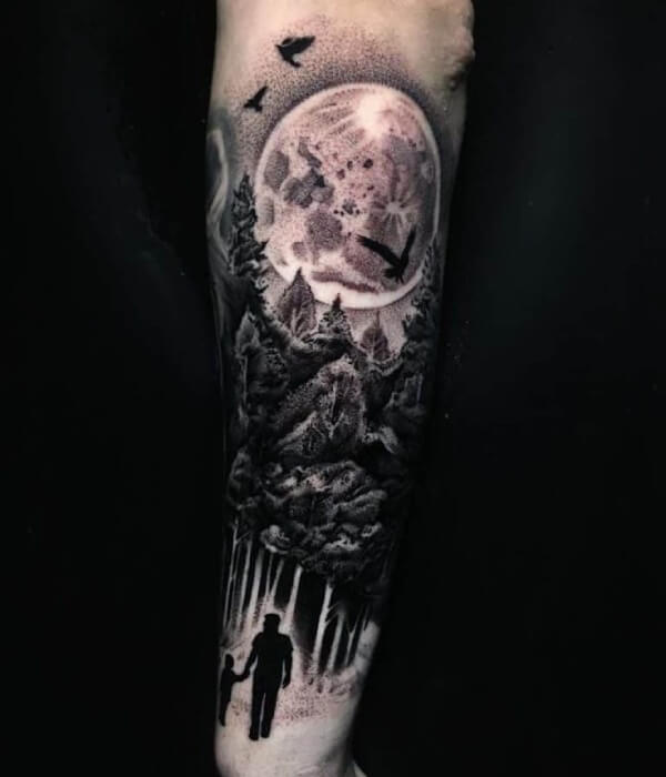 Realism-style chest tattoo of a snarling wolf with blue eyes, integrated with a pine forest, waterfall, and moon.