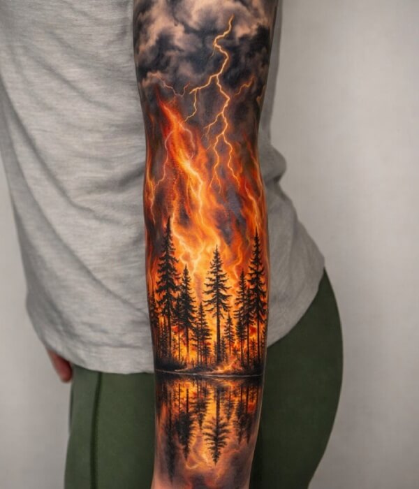High-detail forest fire tattoo on a forearm, featuring silhouetted pine trees, intense flames, lightning-filled storm clouds, and a vivid water reflection, rendered in realistic color tattoo style on real human skin.