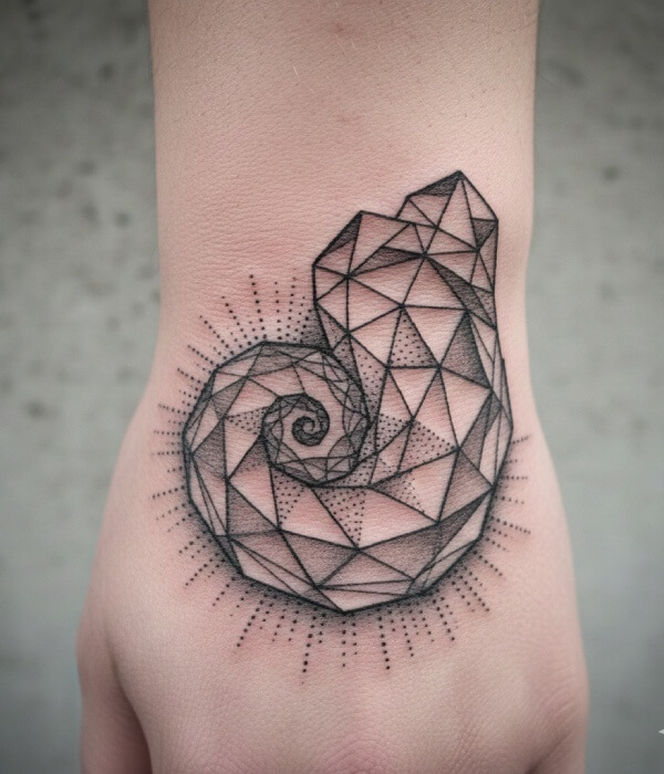 Geometric shell tattoo on the wrist featuring a spiral seashell made of triangular shapes and dotwork, creating a modern and minimalist tattoo design.