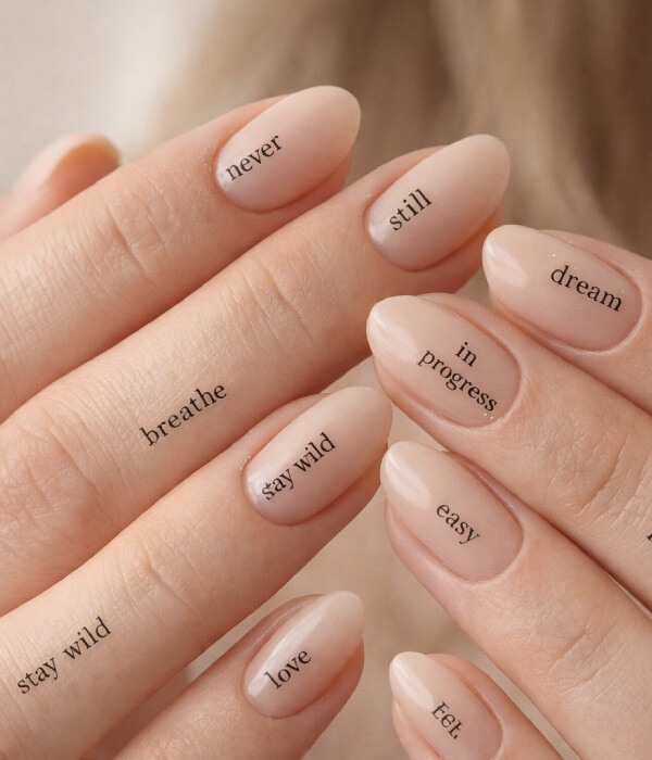 Close-up of nude almond-shaped nails featuring micro quotes across fingernails, with fine black lettering words like “breathe,” “dream,” and “stay wild” in a minimalist nail tattoo style.