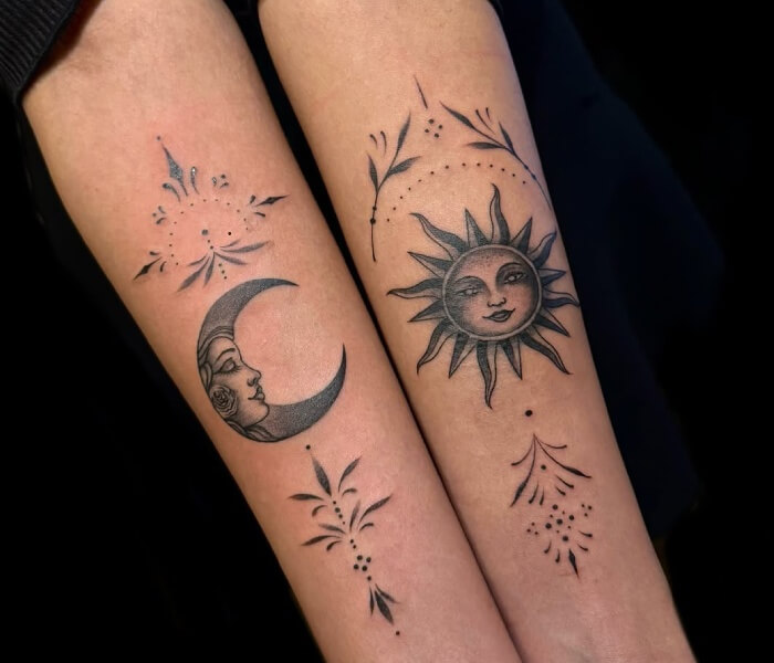 Sun or Moon Accents Tattoo - Trending Tattoo Minimalist sun and moon tattoo accents with celestial symbols and fine-line decorative elements on forearms.