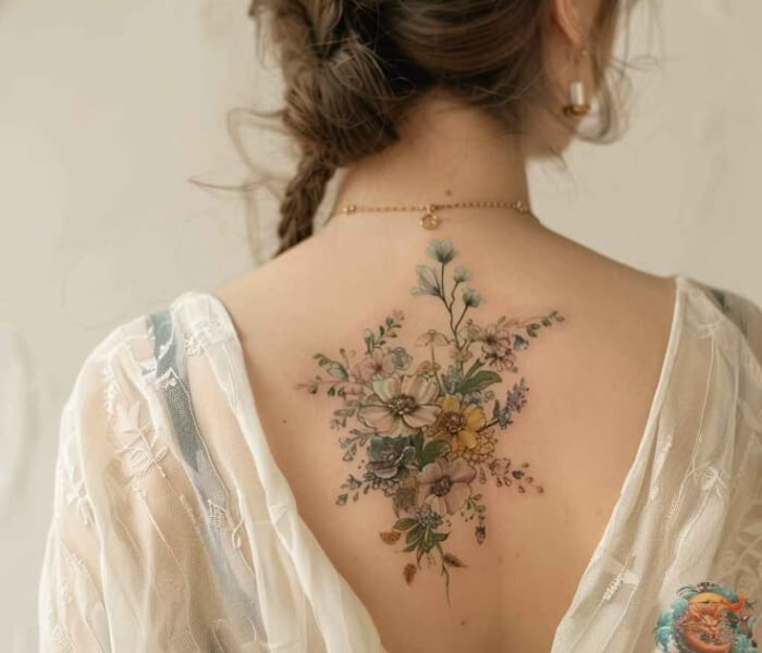 Tiny Floral Zodiac Accents Tattoo - Trending Tattoo Delicate floral back tattoo featuring soft botanical illustrations arranged in a graceful, feminine design.