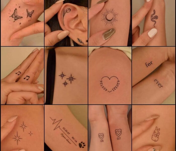 Tiny Glyph Tattoo - Trending Tattoo Tiny glyph tattoo ideas featuring minimalist symbols, stars, moons, butterflies, numbers, and fine-line designs on fingers, wrists, and arms.