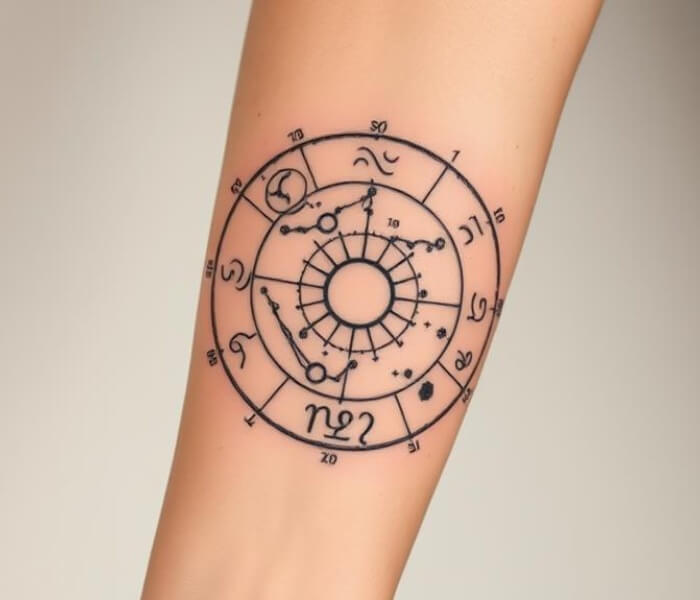 Tiny Zodiac with Coordinates Tattoo 1 - Trending Tattoo Circular zodiac wheel tattoo with astrological symbols and fine-line celestial details inked delicately on the arm.