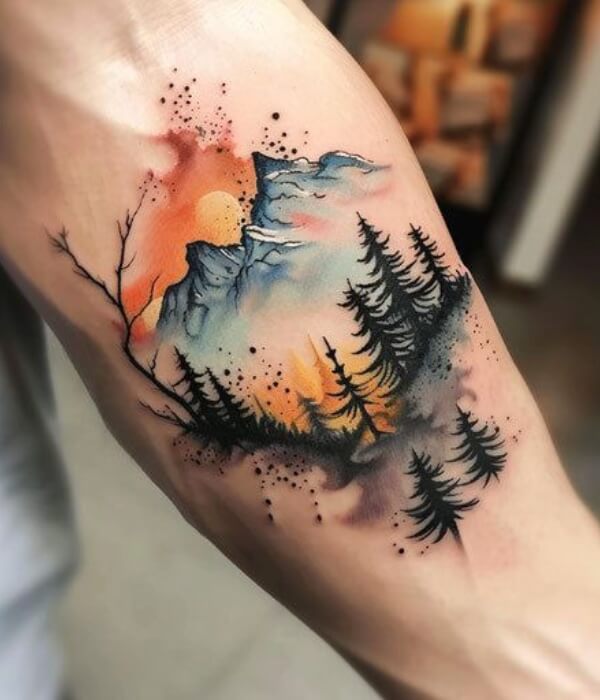 Realism chest tattoo of a snarling wolf with blue eyes, integrated with a pine forest, waterfall, and moon