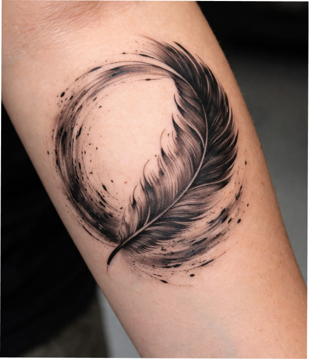 Realistic feather tattoo forming a circular motion design on the forearm with fine black and grey shading.