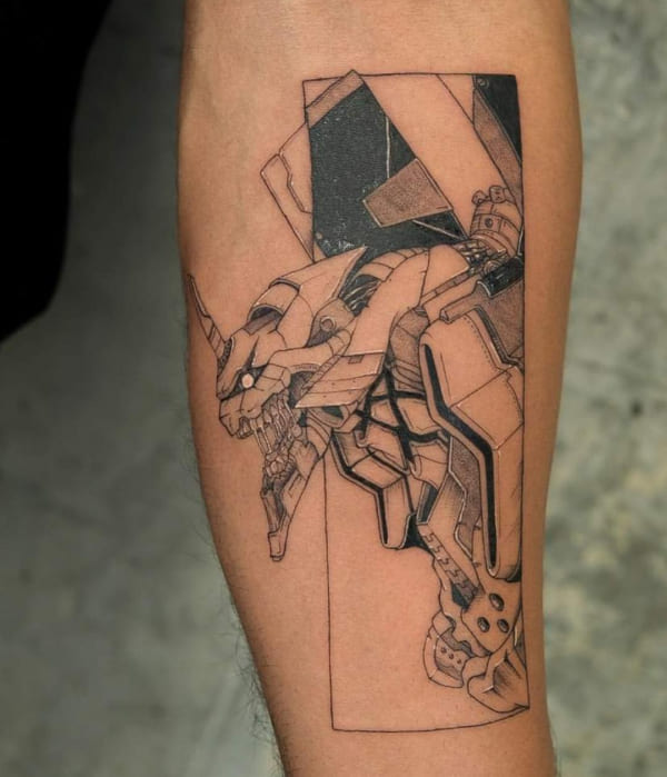 A detailed black-and-grey forearm tattoo of EVA Unit-01 from Neon Genesis Evangelion, featuring fine-line mechanical detailing and a rectangular border background.