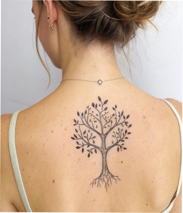 Fine-line tree of life tattoo with detailed branches and roots, centered on the upper back below the neck, symbolizing growth and connection.