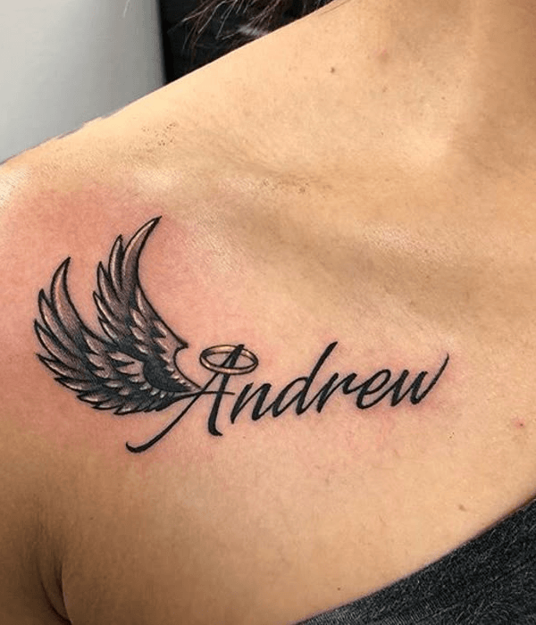 name with angel wings tattoo